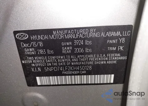 2019 Hyundai Elantra Se from USA, damaged, VIN 5NPD74LF2KH450128